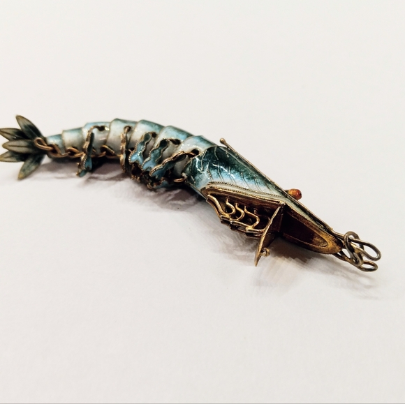 Antique RARE Silver Guilloche Enamel Articulated Shrimp Prawn Pendant - Picture 2 of 10